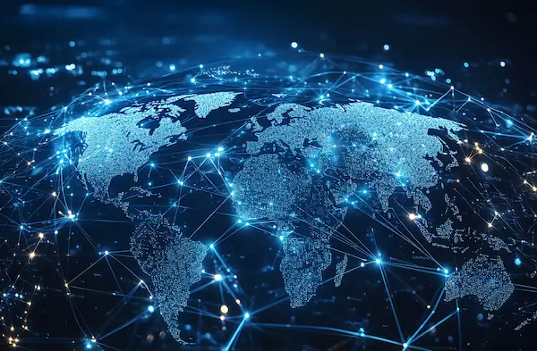 Abstract world map represents international collaboration in resin materials