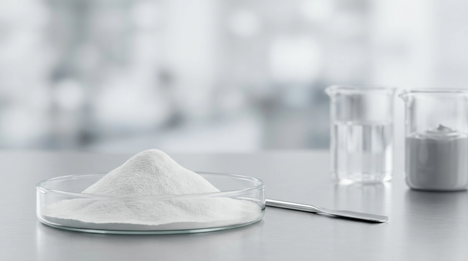 Resin powder with beakers of solvent used in binder preparation