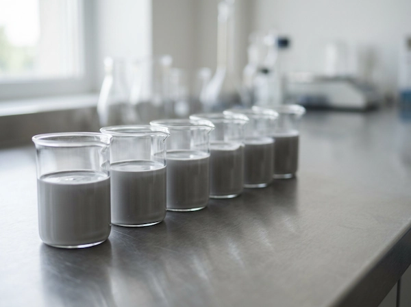 Paste samples on a laboratory bench used for viscosity and flow assessment