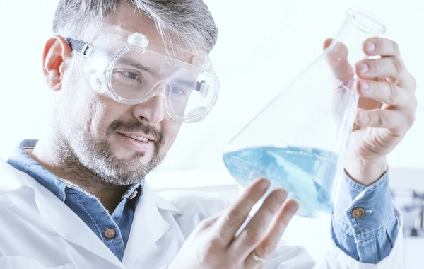 Flask containing blue liquid used for resin or coating evaluation