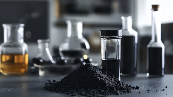 Black material sample represents formulation review for industrial resin uses