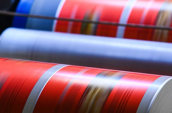 Continuous coated film moves through rollers during industrial resin processing