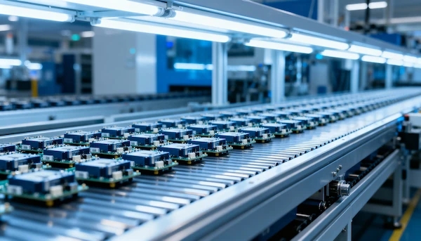 Circuit board units arranged on production line indicate electronic component manufacturing processes