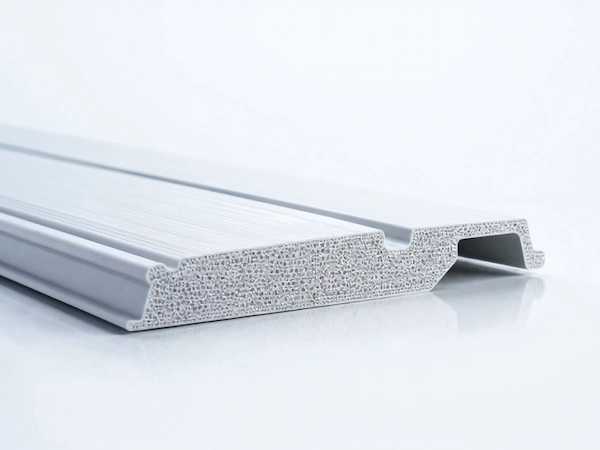 Layered panel with textured inner core indicating foam-based structure for weight reduction