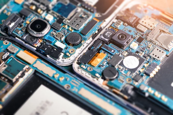Printed circuit board detail suggests resin-related applications in electronics