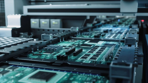 Circuit boards on production equipment support electronic material application content
