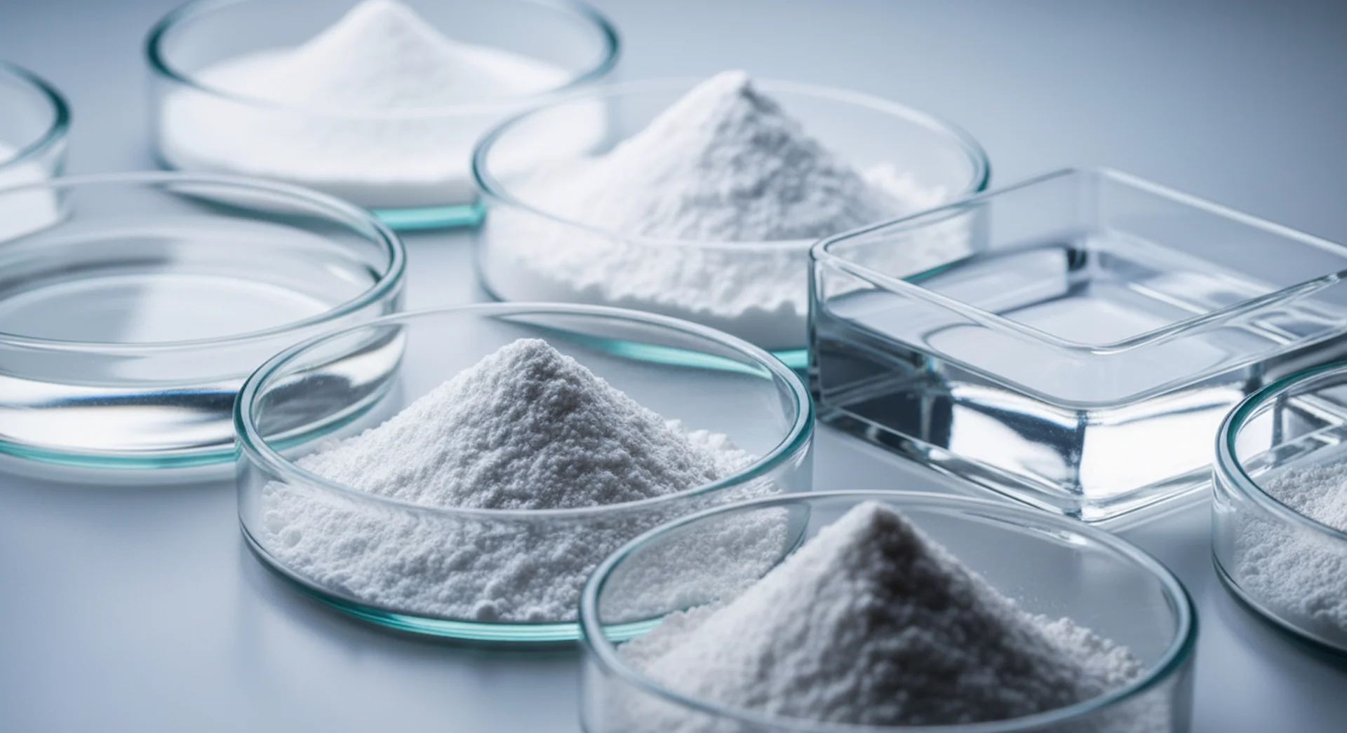 Laboratory dishes display powdered materials for resin application studies