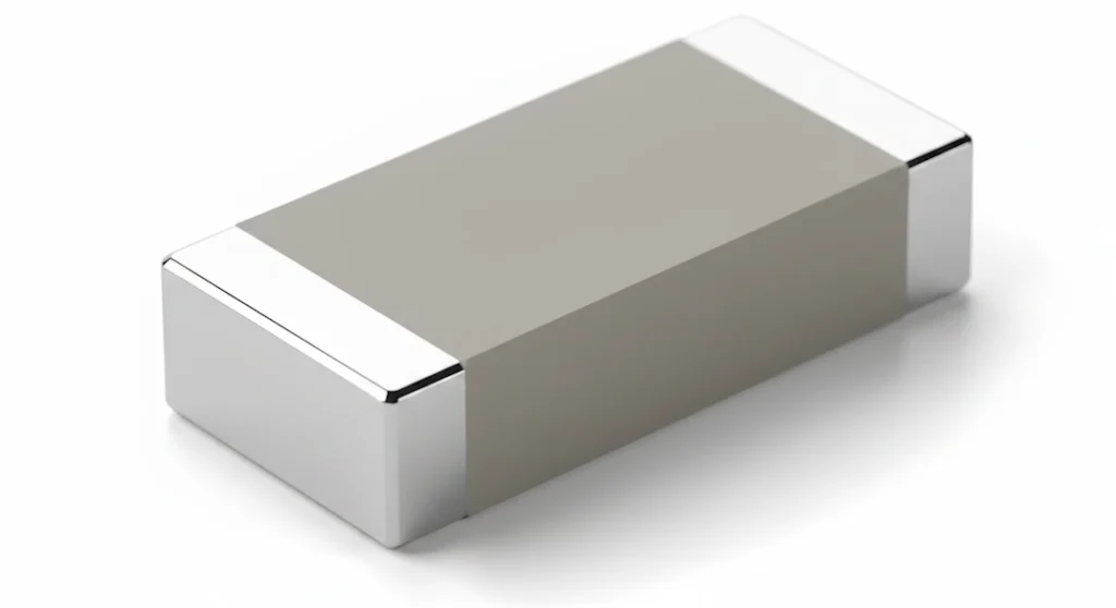 Small chip component suggests resin use in electronic material processing
