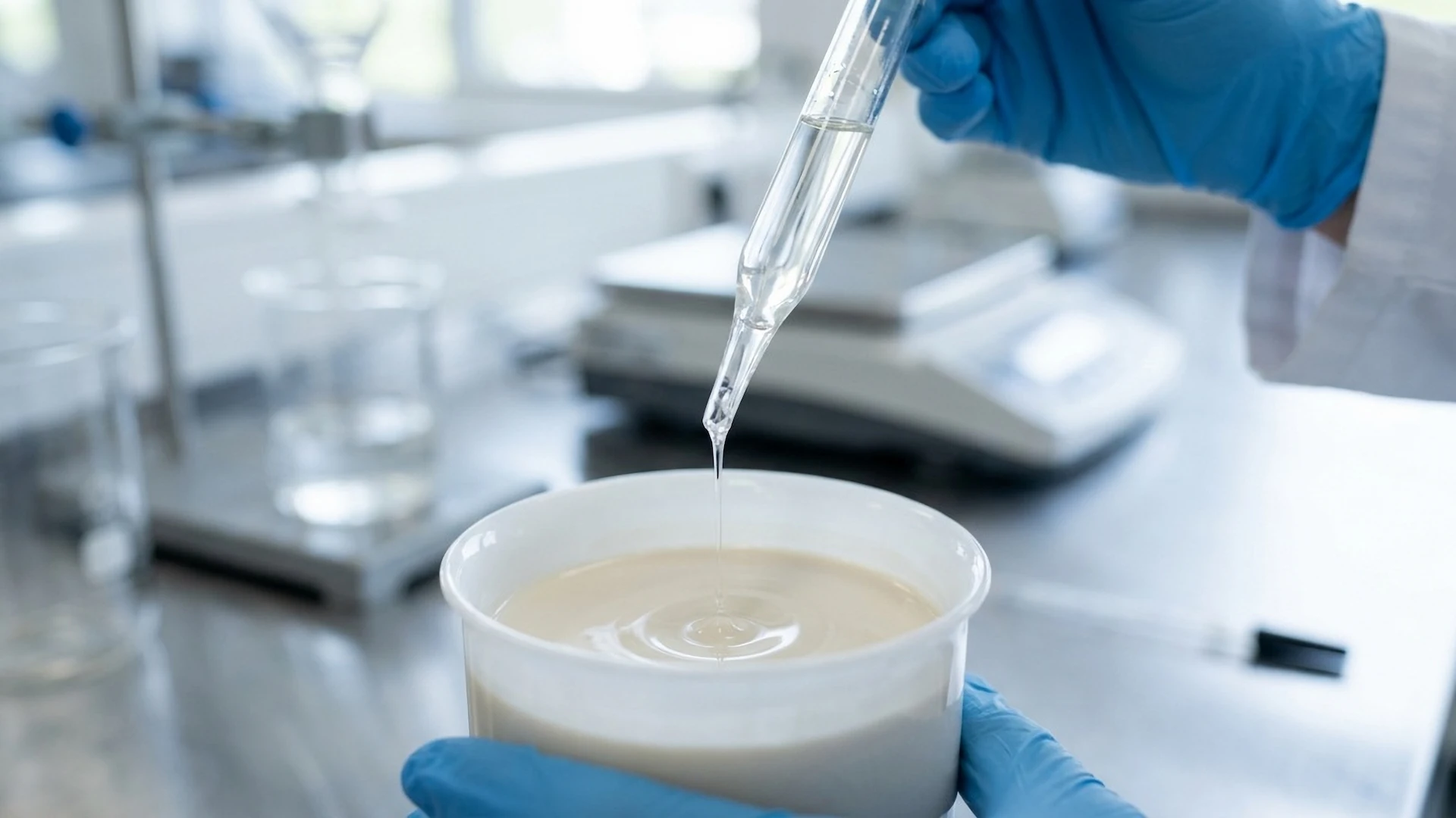 Pipette transferring clear liquid into a laboratory test mixture