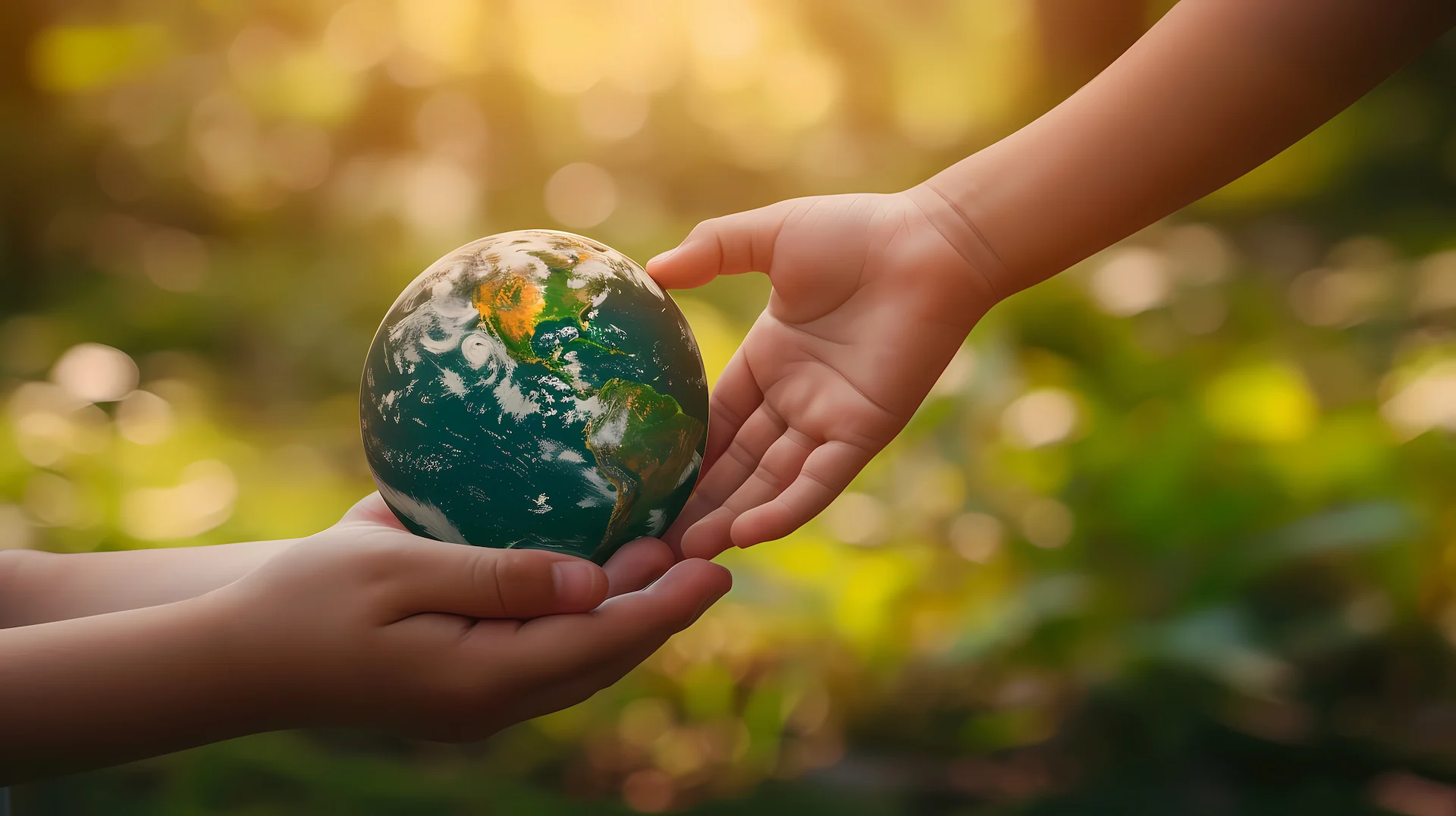 Hands surrounding globe illustrate commitment to environmentally conscious material design