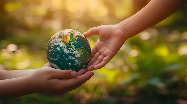 Hands surrounding globe illustrate commitment to environmentally conscious material design
