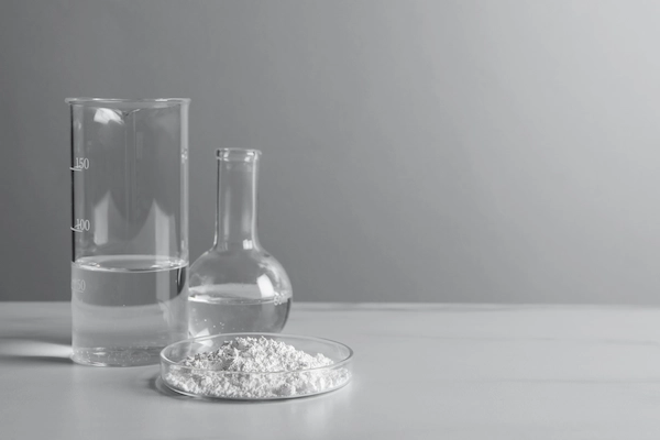 Clear liquid and white pellets suggest resin formulation testing