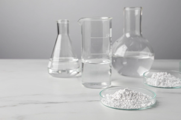 Clear liquid and white pellets suggest resin formulation testing