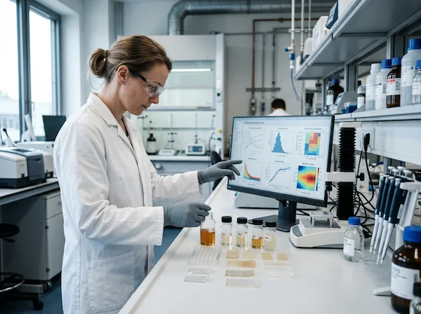 Researcher analyzing material evaluation data in a laboratory